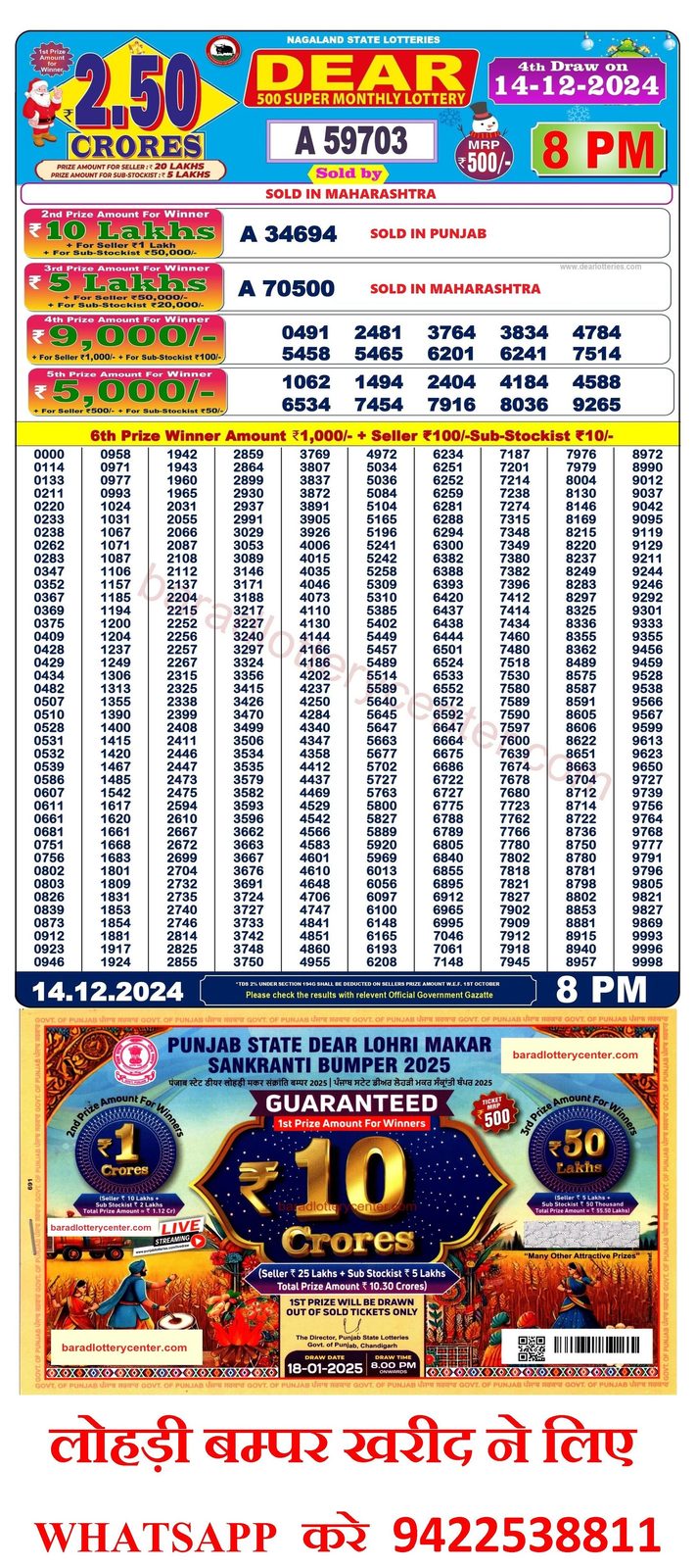 Dear 500 Super Monthly Lottery Result Draw Date 14-12-24 8PM lottery result